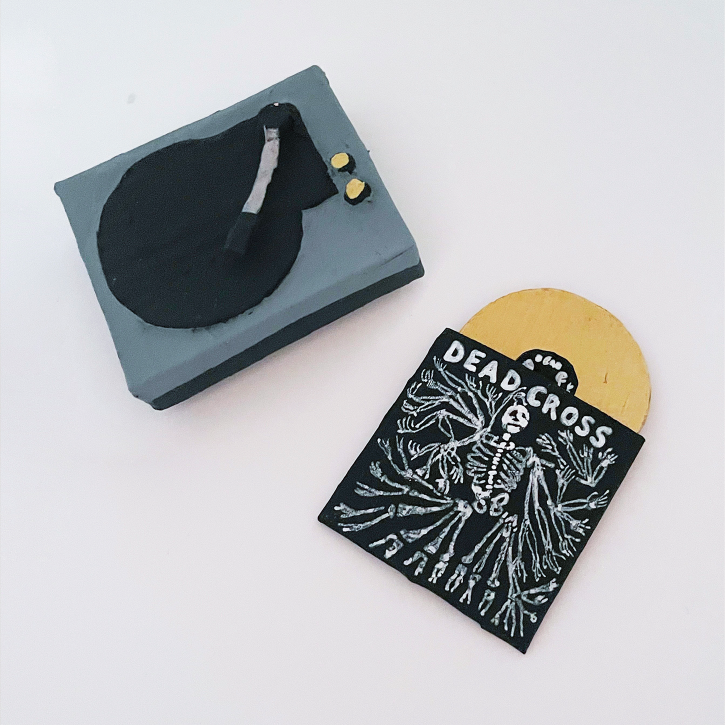 Paper Mache Dead Cross Vinyl Set with Paper Mache Record Player, overhead view