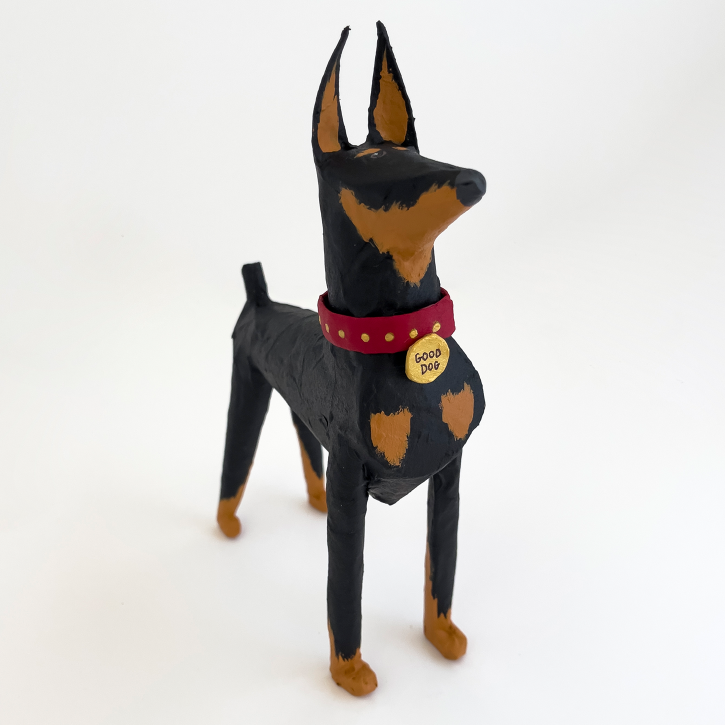 Paper Mache Doberman Pinscher, Right Side View, custom paper mache dog