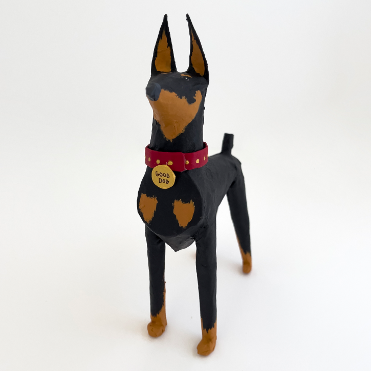 Paper Mache Doberman Pinscher, Front View, custom paper mache dog
