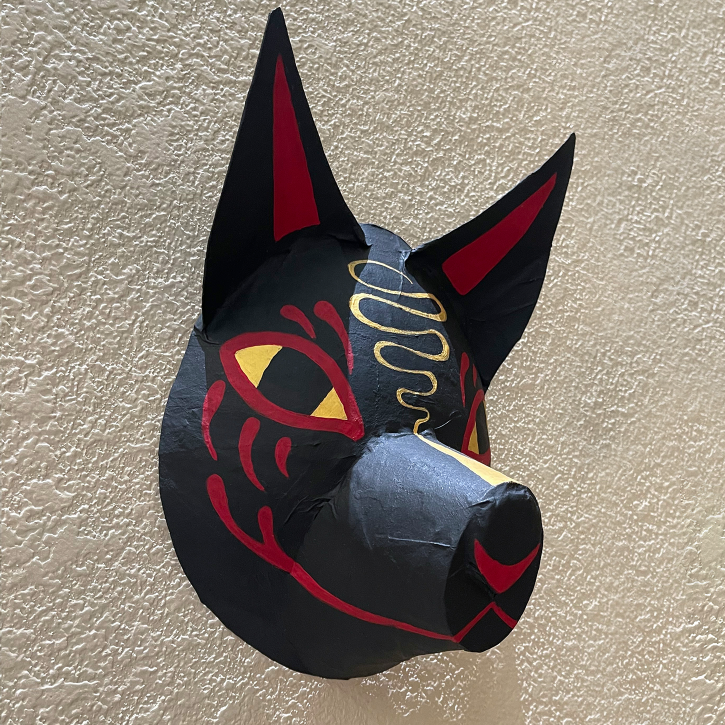 Kukan Kitsune, Black Paper Mache Japanese Fox Mask, Right View
