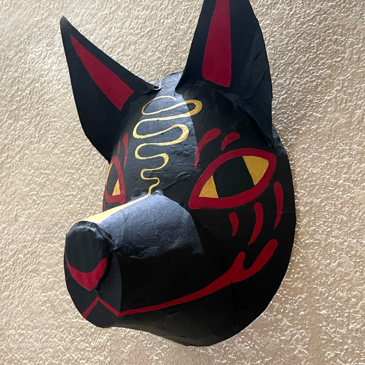 Kukan Kitsune, Black Paper Mache Japanese Fox Mask, Detail