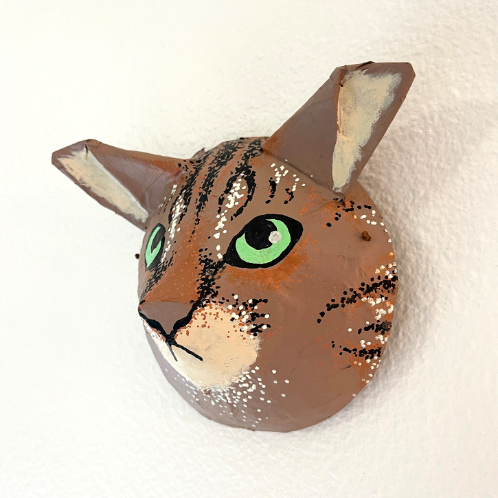 Paper Mache Custom Tabby Cat Mask, Left Side