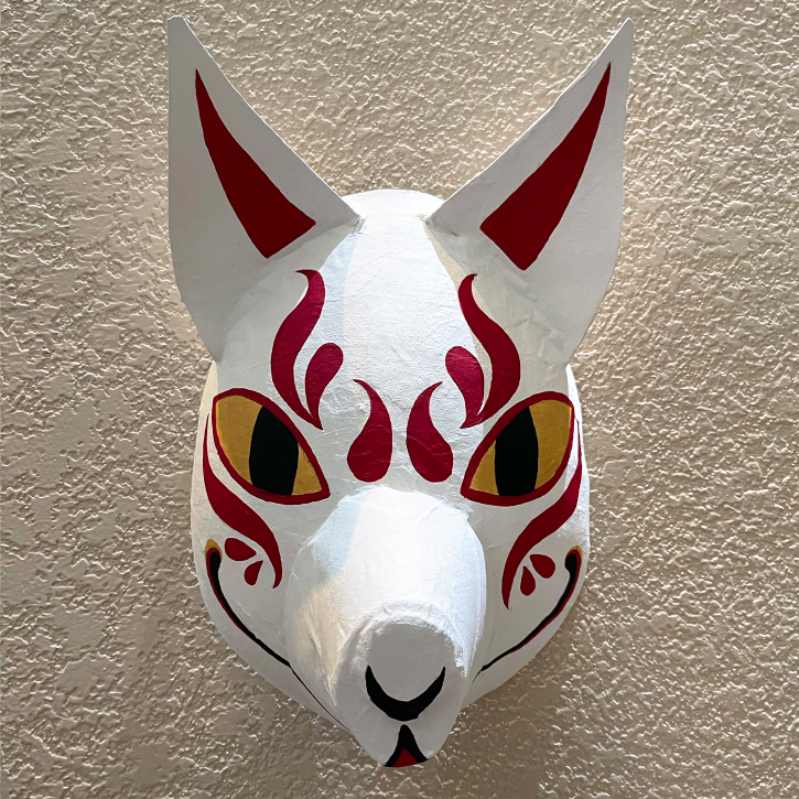 Tengoku Kitsune, White Paper Mache Japanese Fox Mask