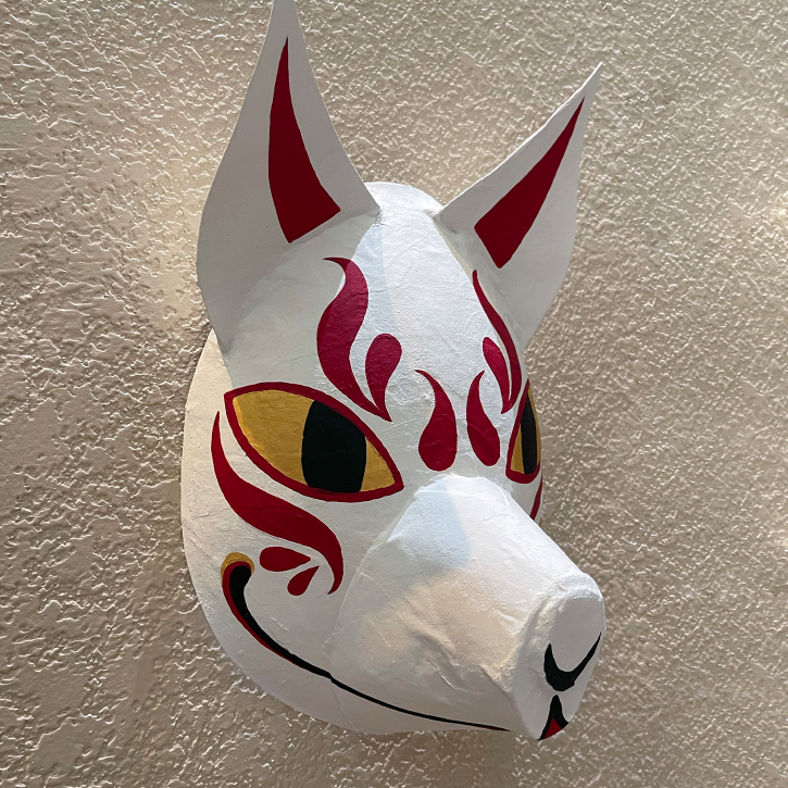 Tengoku Kitsune, White Paper Mache Japanese Fox Mask, Right View
