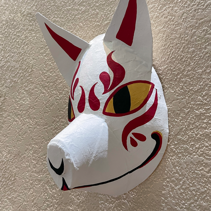 Tengoku Kitsune, White Paper Mache Japanese Fox Mask, Left View